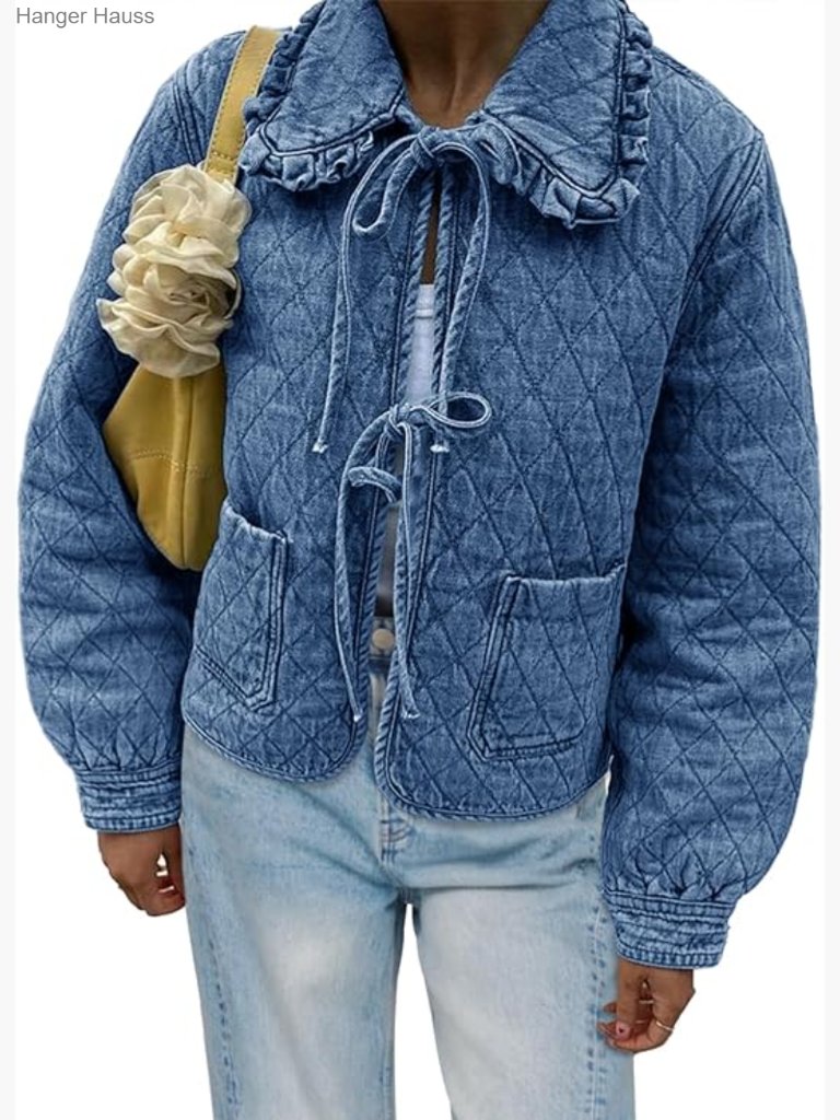 Quilted Denim Puffer Jacket Tie Front Bow Cropped Puffy Fall Short Coat